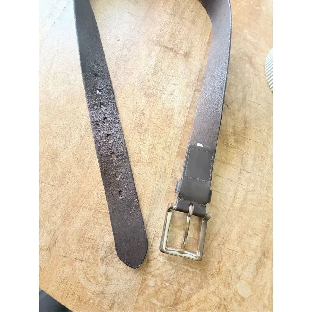 Vintage Genuine Leather Brown Belt Antique Brass Buckle 1.5” Wide Unisex Casual